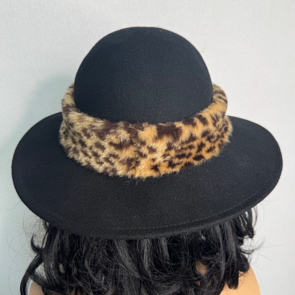 Vintage 1980s Black Wool Felt Wide Brim Hat Leopard Faux Fur Made USA 22” - Picture 9 of 14